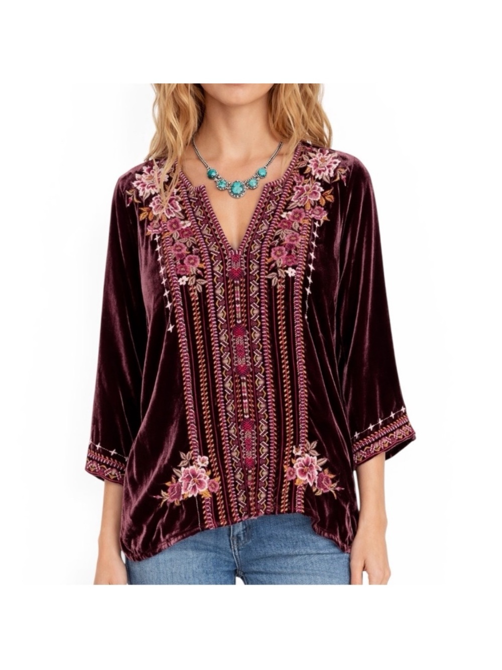 Johnny Was Burgundy Velvet Embroidered V-Neck Top